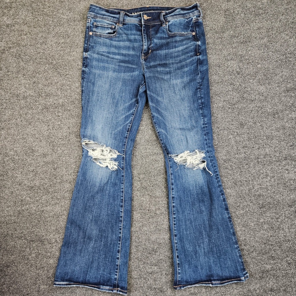 American Eagle Kick Boot Jeans Womens 12 Distressed Dark Wash Next Level Stretch